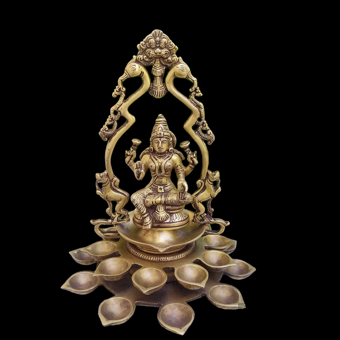 Brass Lamp Of Goddess Lakshmi Seated On A lotus With 20 Diyas. Height 30 cm x Diameter 23 cm