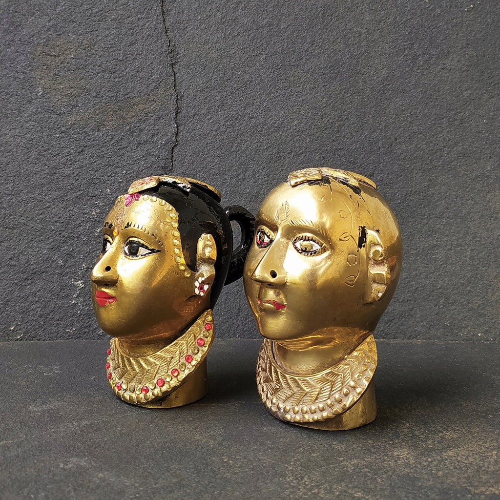 Pair of Brass Busts of Gangaur Gauri - Indian Goddess of Fertility, Love & Devotion . Height 14 & 15 cm x Width 10 cm