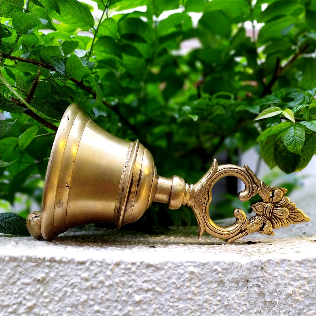 Magnificent Brass Temple Bell With Twin Peacocks. Height 22 cm x Diameter 11 cm