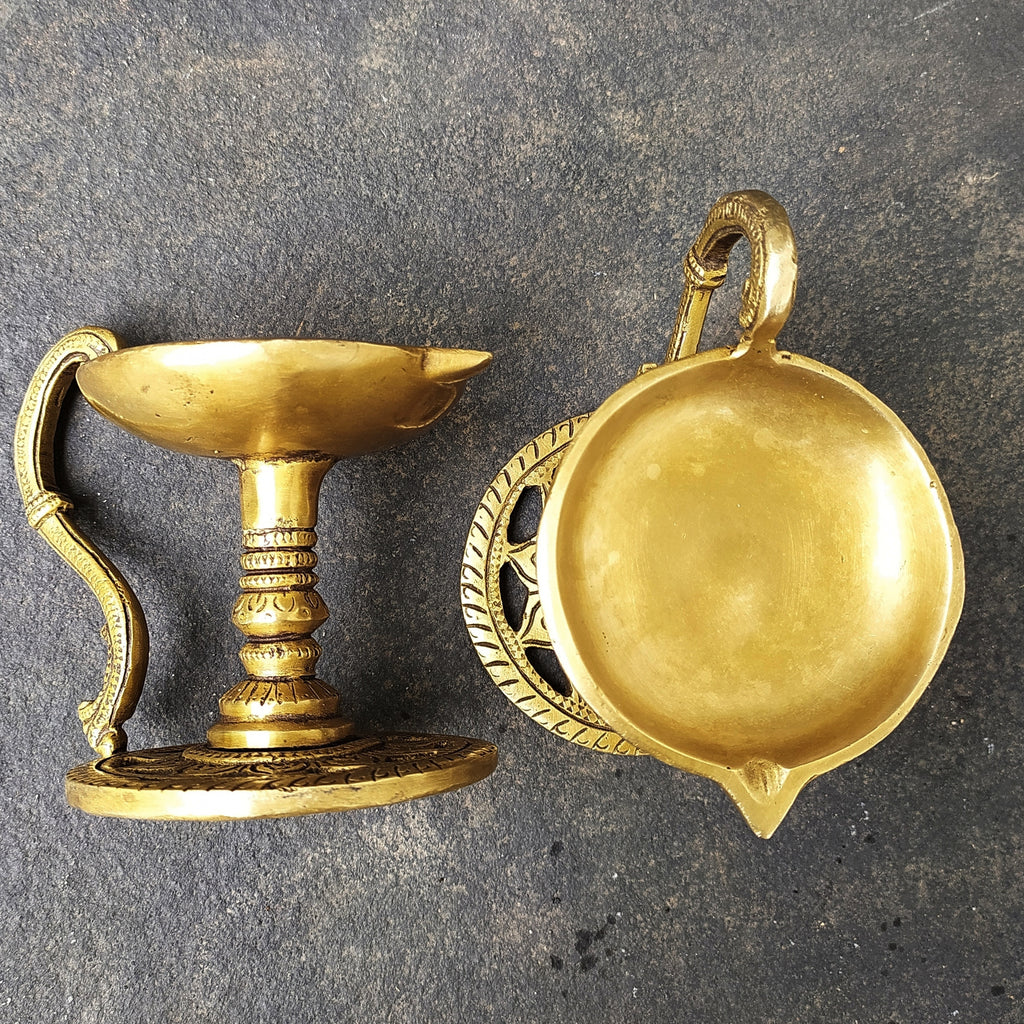 Pair Of Handcrafted Brass Lamps | Diyas  - Length 13.5 cm x Diameter 8.5 cm x Height 10 cm