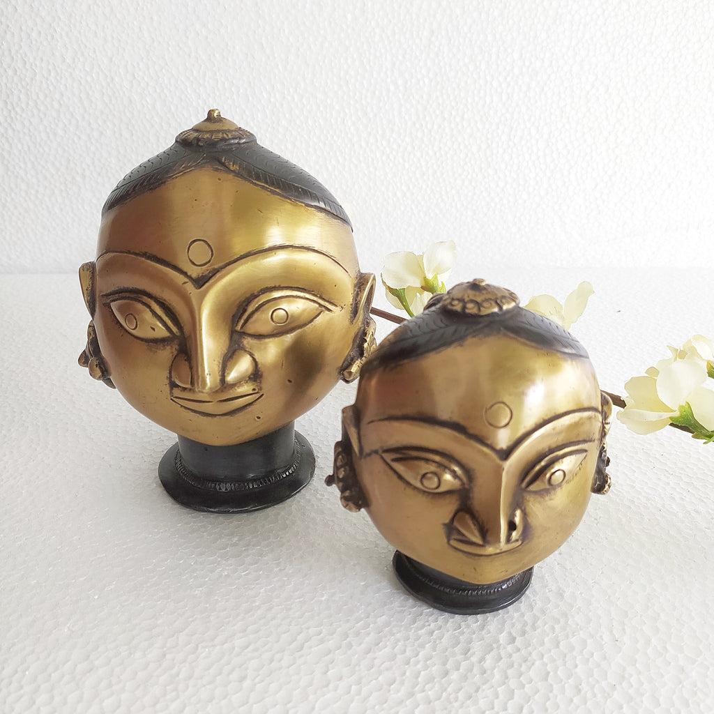 Pair Of Vintage Brass Busts of Gangaur Gauri - Goddess of Fertility, Love & Devotion . Height 15 & 11 cm x Width 13 & 11 cm