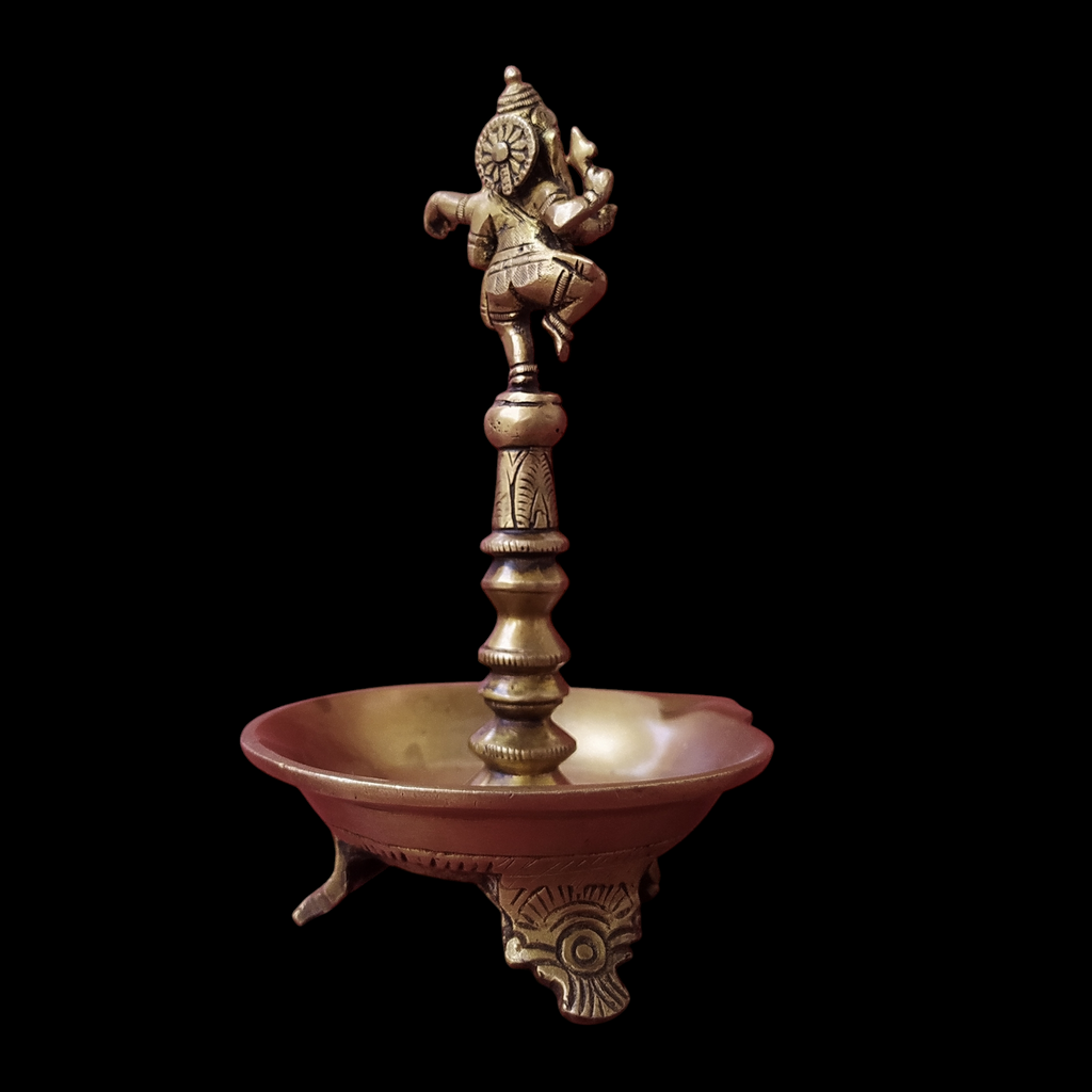 Majestic Brass Oil Lamp With Dancing Ganesha - Height 22 cm x Diameter 13