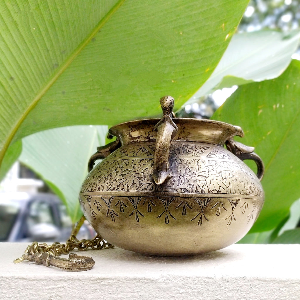 Vintage Hanging Brass Planter With 3 Peacock Handles. Length With Chain 89 cm x Diameter 16 cm