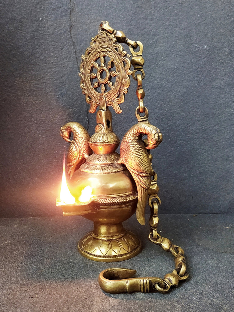 Elegant Brass Hanging Lamp With Exquisitely Handcrafted Parrots. Length with Chain 86 cm x W 19 cm x D 16 cm