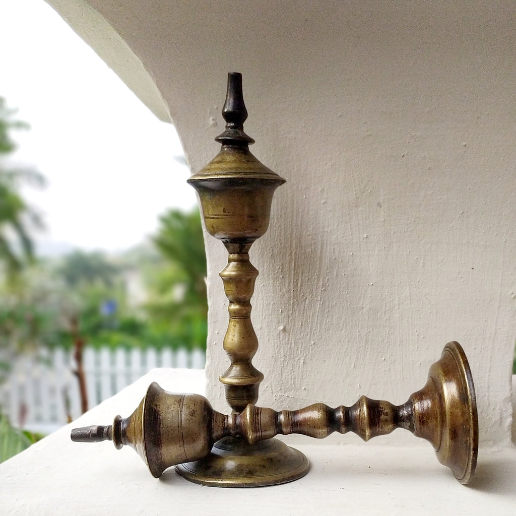 Vintage Pair Of Brass Oil & Wick Lamps. Height 24 cm x Diameter 9 cm