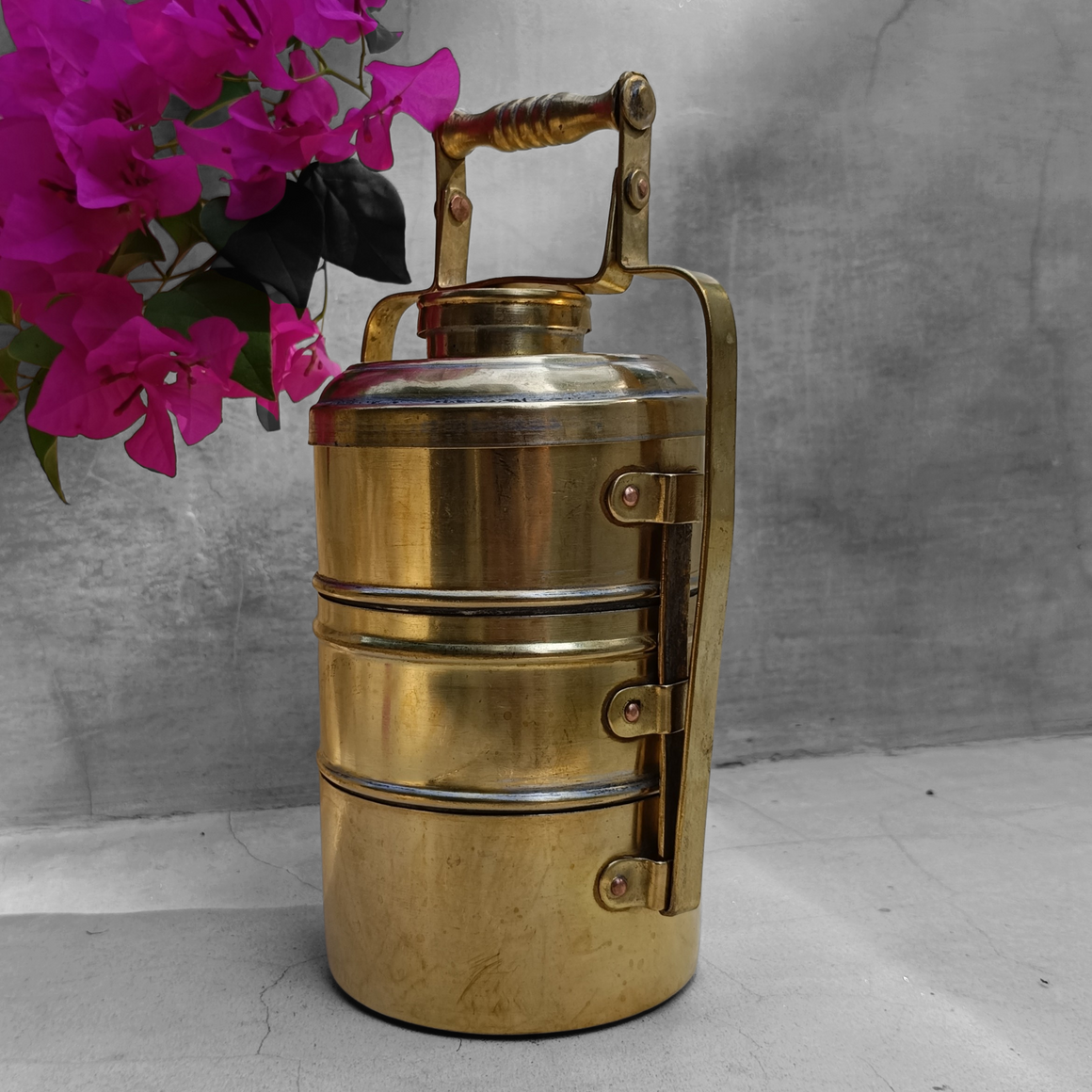 Vintage Brass Tiffin With 3 Containers. Height 26 cm x Diameter 11 cm