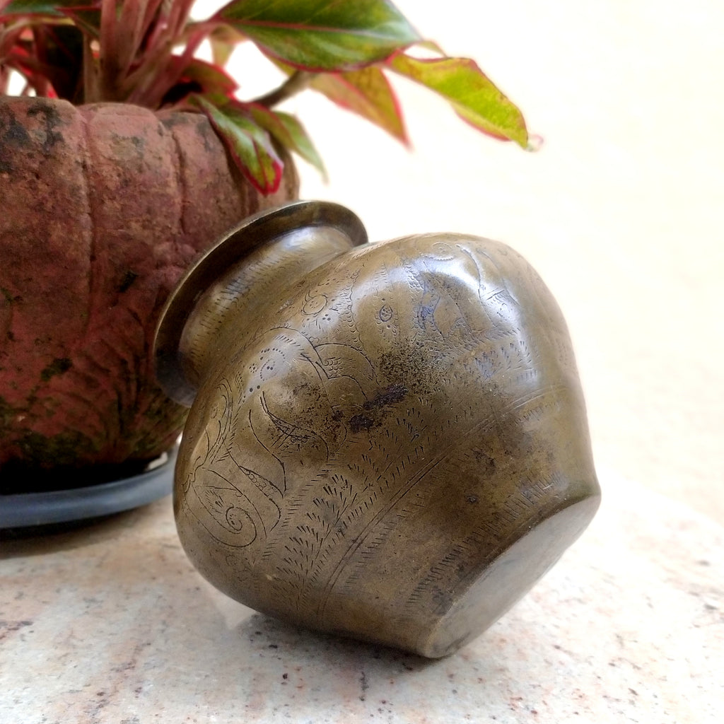 Vintage Brass Lota - Drinking Water Vessel Engraved With Elephants. Height 14 cm x Diameter 10 cm