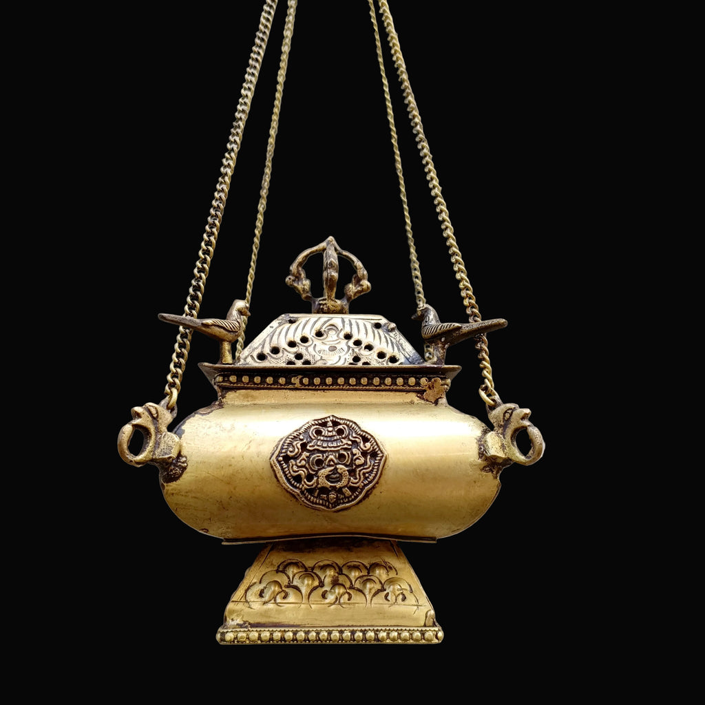 Tibetan Style Copper Incense Burner With Peacocks and Chains - L 42 cm x W 15 cm