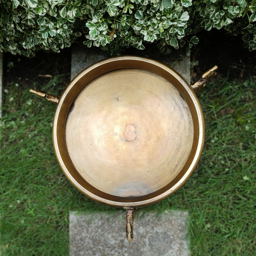 Traditional Brass Urli Handcrafted With 3 Mythical Yali Legs. Diameter 28 cm x Height 15 cm