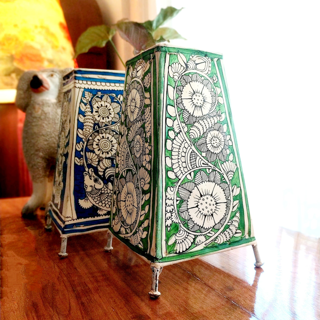 Pair Of Kalamkari Style Leather Lamps In Colours of Vibrant Green & Indigo Blue. Height 24 cm