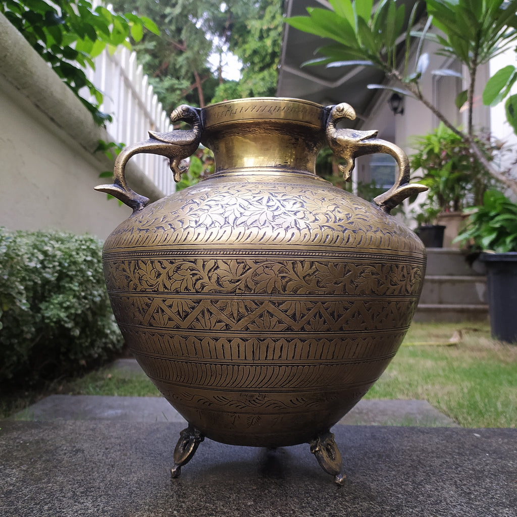 Divine Kalasha Shaped Vintage Brass Planter With 3 Peacock Handles, Ht 32 cm x Diameter 13 cm