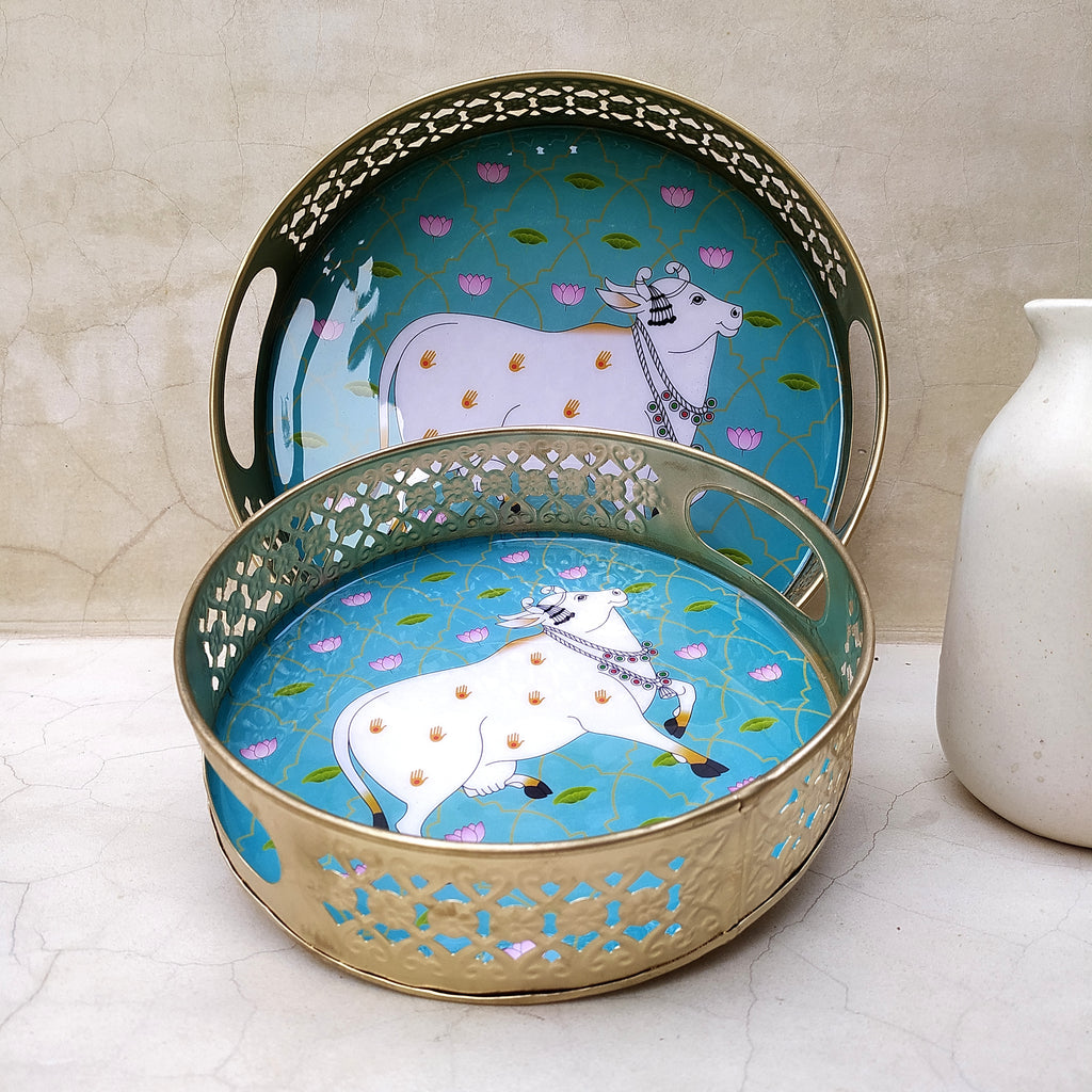 Pair Of Exquisite Round Metal Trays With Pichwai Art Of Nandi. Diameter 25 & 20 cm