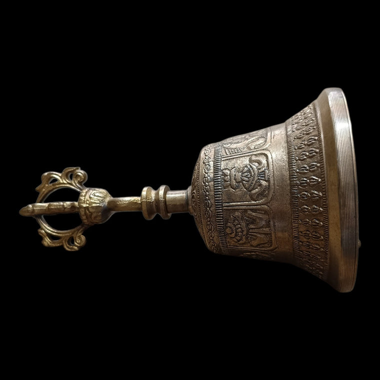 Vintage Buddhist Brass Bell For Meditation With Sound Of Om & Vajra Dorje - Ht 17 cm x Dia 9.5 cm