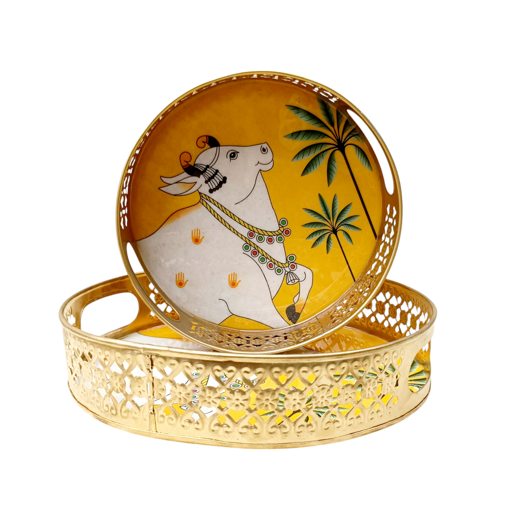Pair Of Exquisite Round Metal Trays With Pichwai Art Of Nandi. Diameter 25 & 20 cm