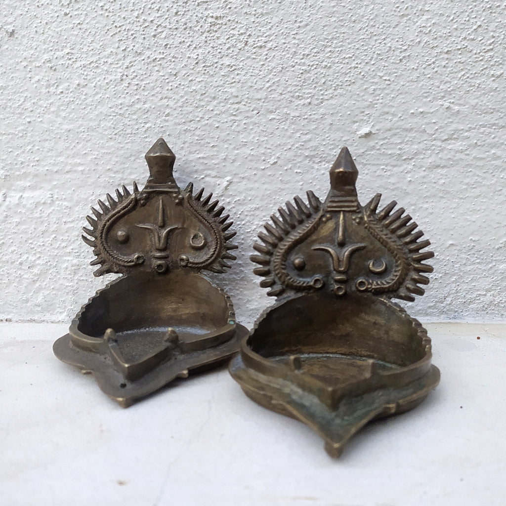 Traditional Pair of Brass Vishnu Oil Lamps from South India. Height 10 x Width 9 cm