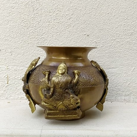 Divine Brass Lota | Vessel Depicting 4 Hindu Gods Ganesha, Hanuman, Lakshmi & Saraswati. H 13 cm x Dia 11 cm