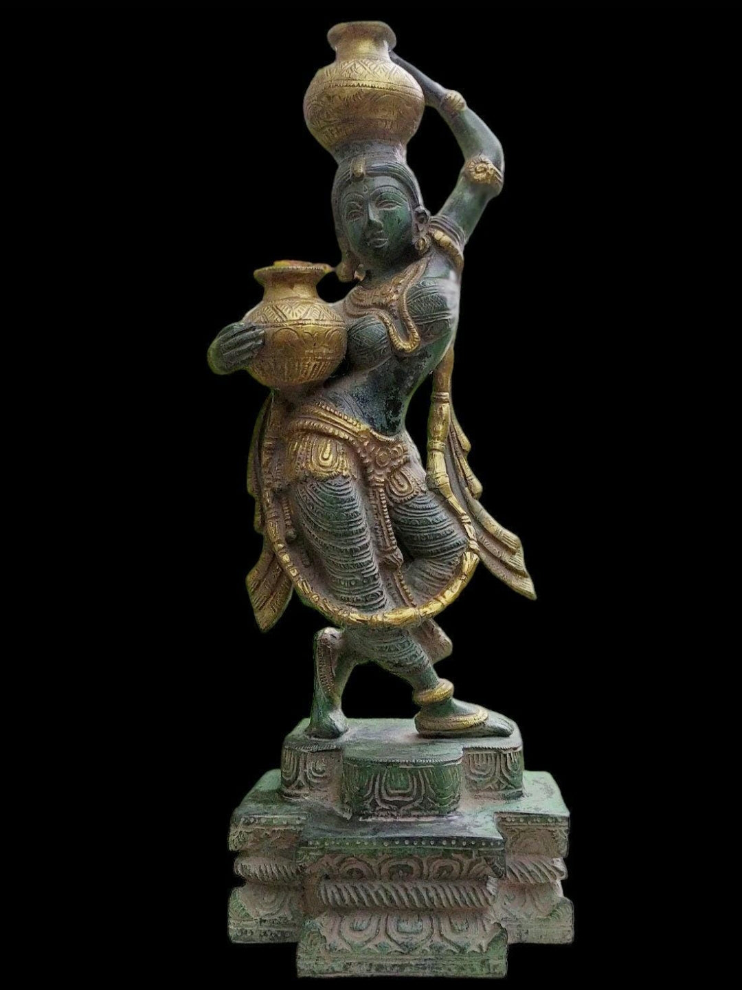 Village Woman Carrying Water Pots Handcrafted In Brass With A  Green & Gold Patina. Height 38 cm