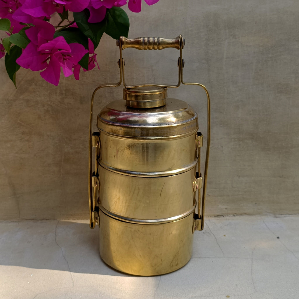 Vintage Brass Tiffin With 3 Containers. Height 26 cm x Diameter 11 cm