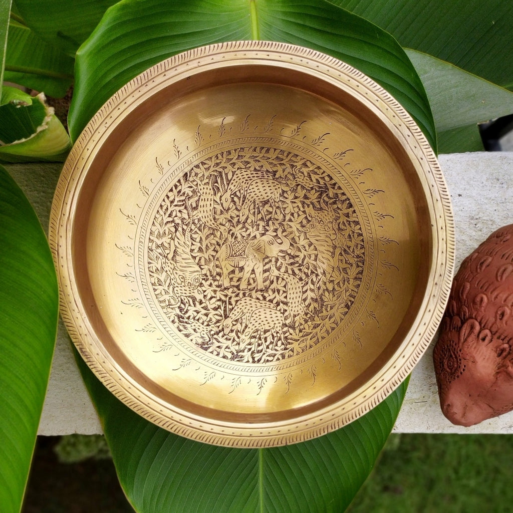 Captivating Brass Urli Hand Engraved With Flora & Fauna. Diameter 30 cm x Ht 11 cm