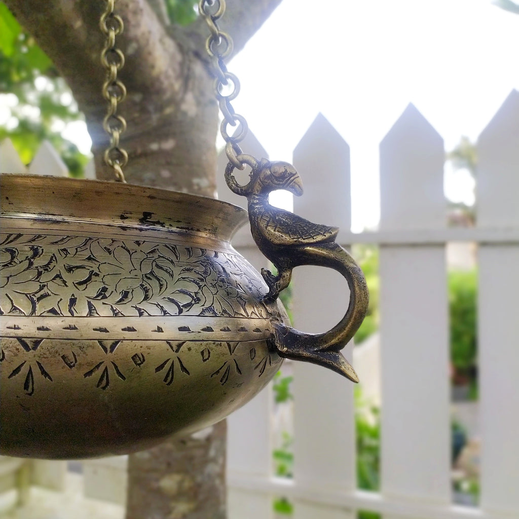 Exquisite Vintage Hanging Brass Planter With 3 Peacock Handles. Length With Chain 66 cm x Dia 17 cm