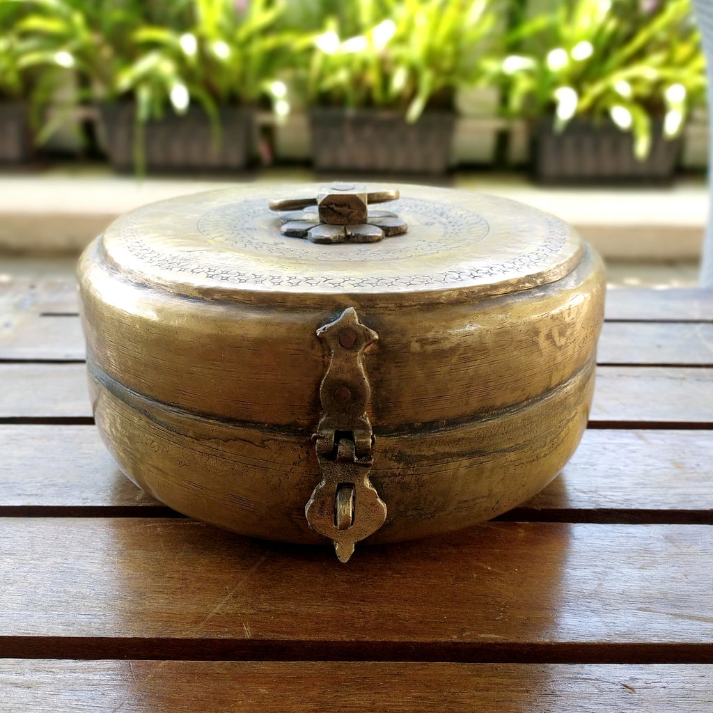 Traditional Brass Chappati Dabba | Bread Box From Northern India - Diameter 23 cm x Ht 10 cms