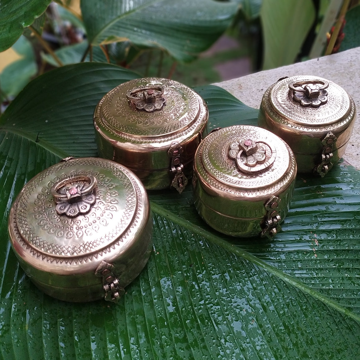 Collection Of 4 Brass Storage Containers | Dabbas With Floral Engraving. Diameter 13 & 10 cm