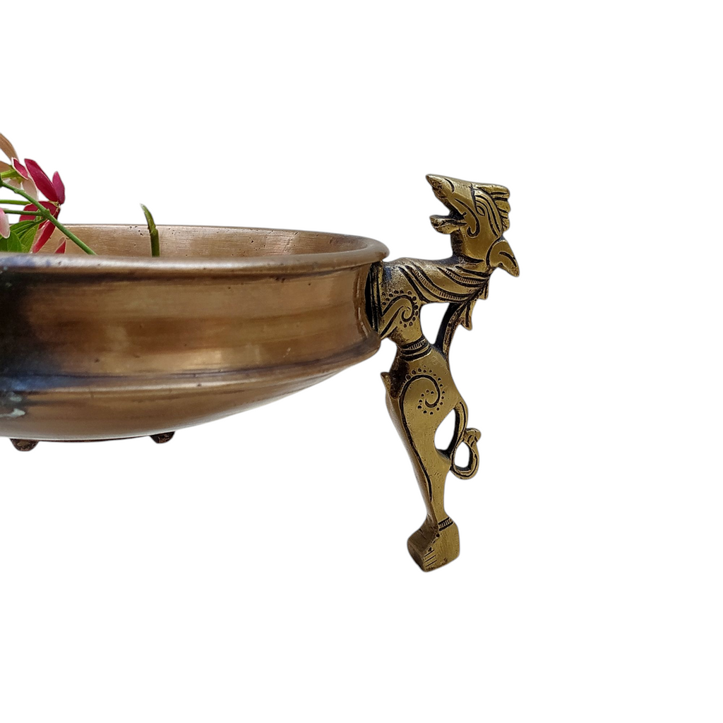 Traditional Brass Urli Handcrafted With 3 Mythical Yali Legs. Diameter 20 cm x Height 15 cm