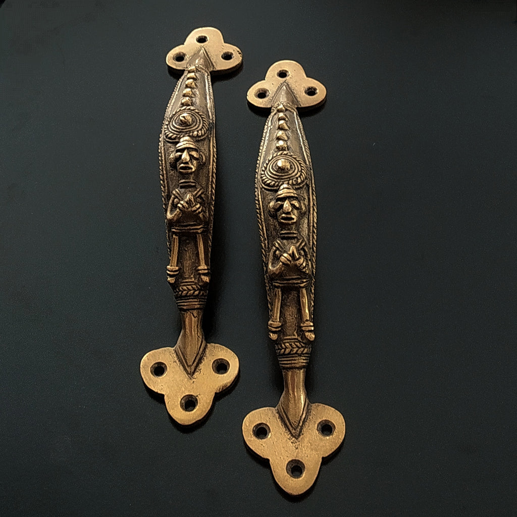 Magnificent Pair of Vintage Brass Tribal Door Handles. Length 25 cm