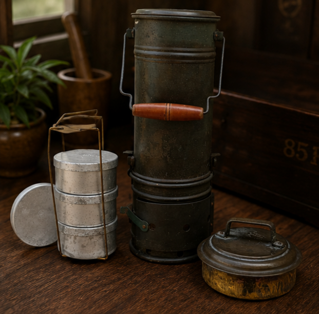 Vintage Coal-Heated Brass Tiffin with Four Food Containers | Mid-Century Indian Kitchenware. Height 49 cm