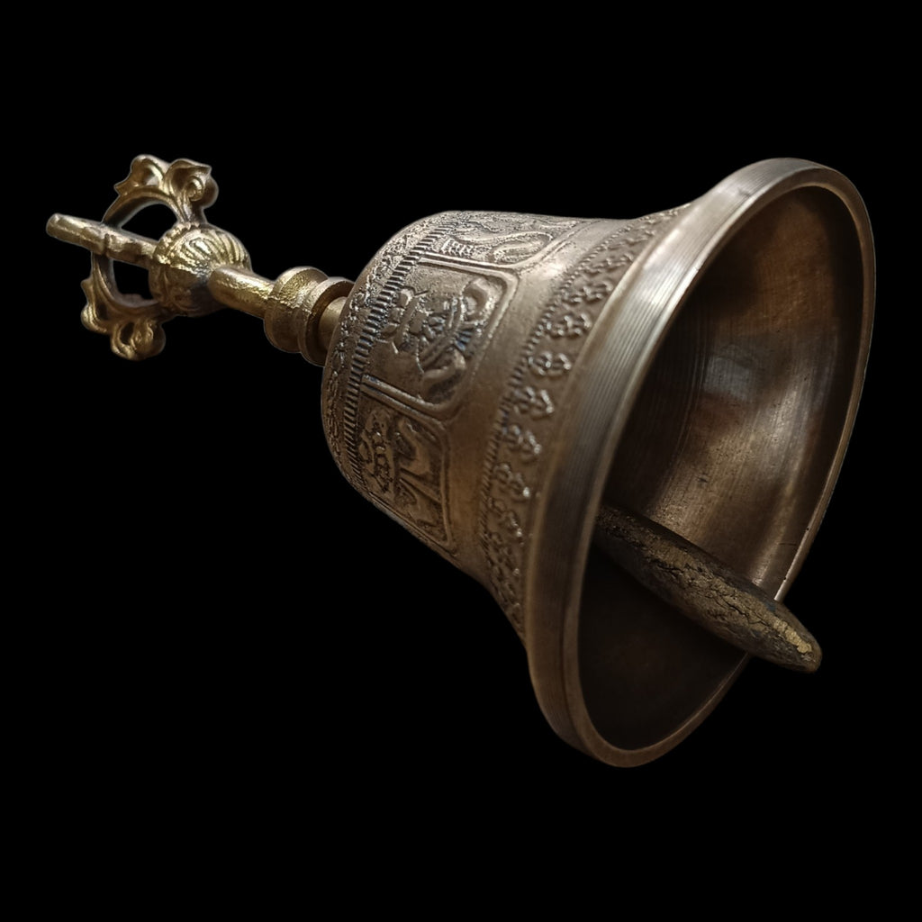 Vintage Buddhist Brass Bell For Meditation With Sound Of Om & Vajra Dorje - Ht 17 cm x Dia 9.5 cm