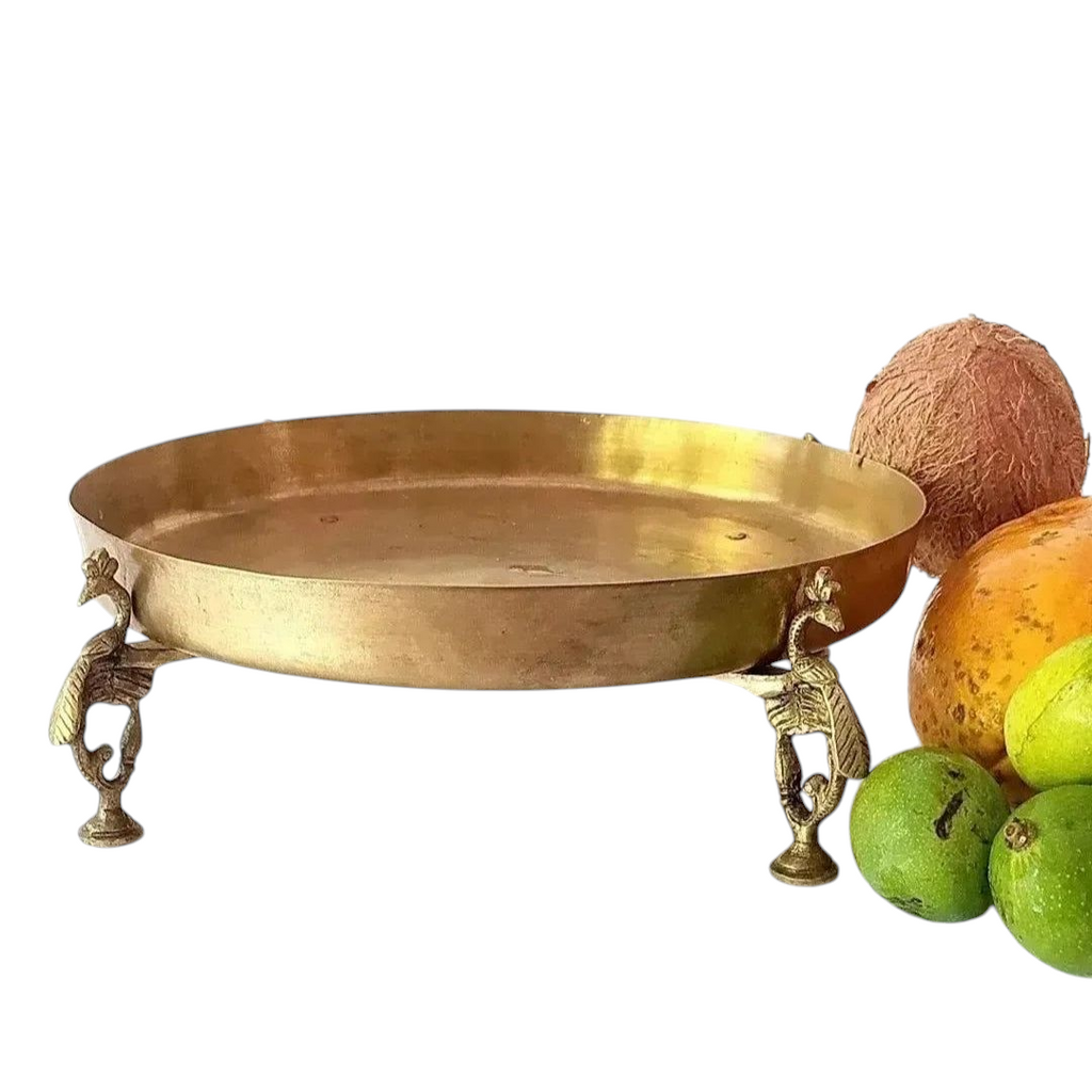 Brass Fruit Bowl Handcrafted With 3 Peacock shaped Legs - Diameter 29 cm x Height 9 cm