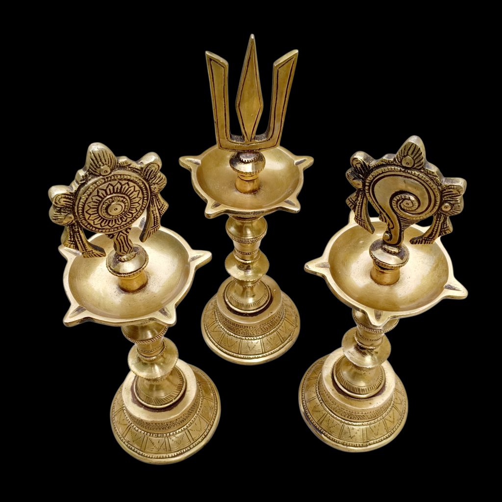 Divine Brass Samay Oil lamps With The Shanku, Chakra & Namam Symbols Of Lord Vishnu. Height 30 cm