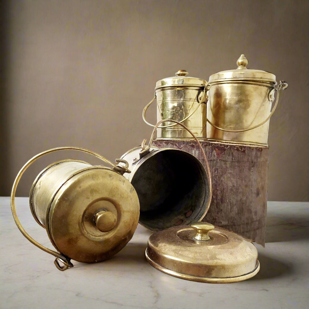 Collection Of 4 Vintage Brass Storage Cannisters | Pails With Lid And Handles. Heights 13, 11, 10 & 9 cm