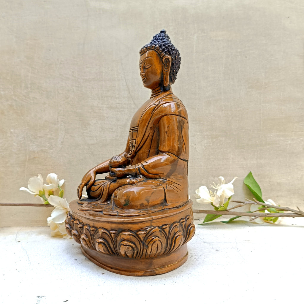 Vintage Buddha Brass Sculpture In Earth Mudra Posture. Ht 22 cm