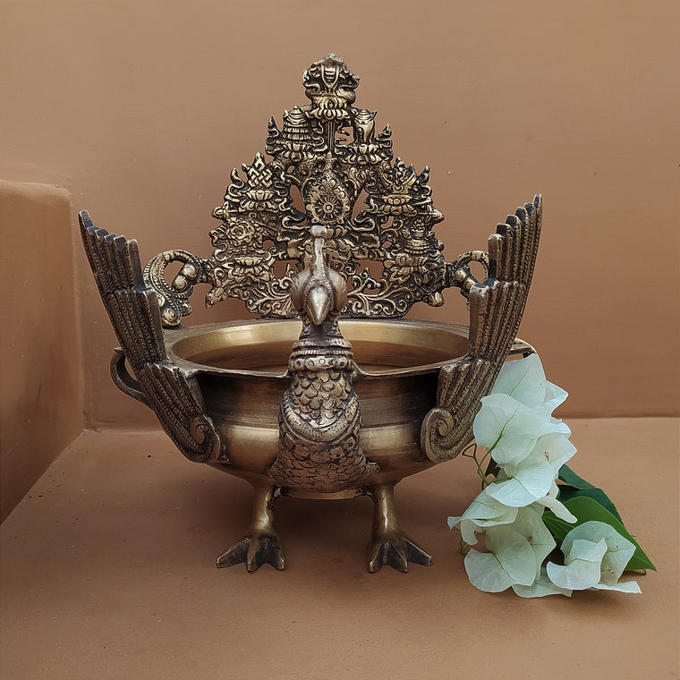Majestic Brass Peacock Urli For Floating Flowers & Diyas - Height 29 cm x Length 23 cm x Diameter 20 cm