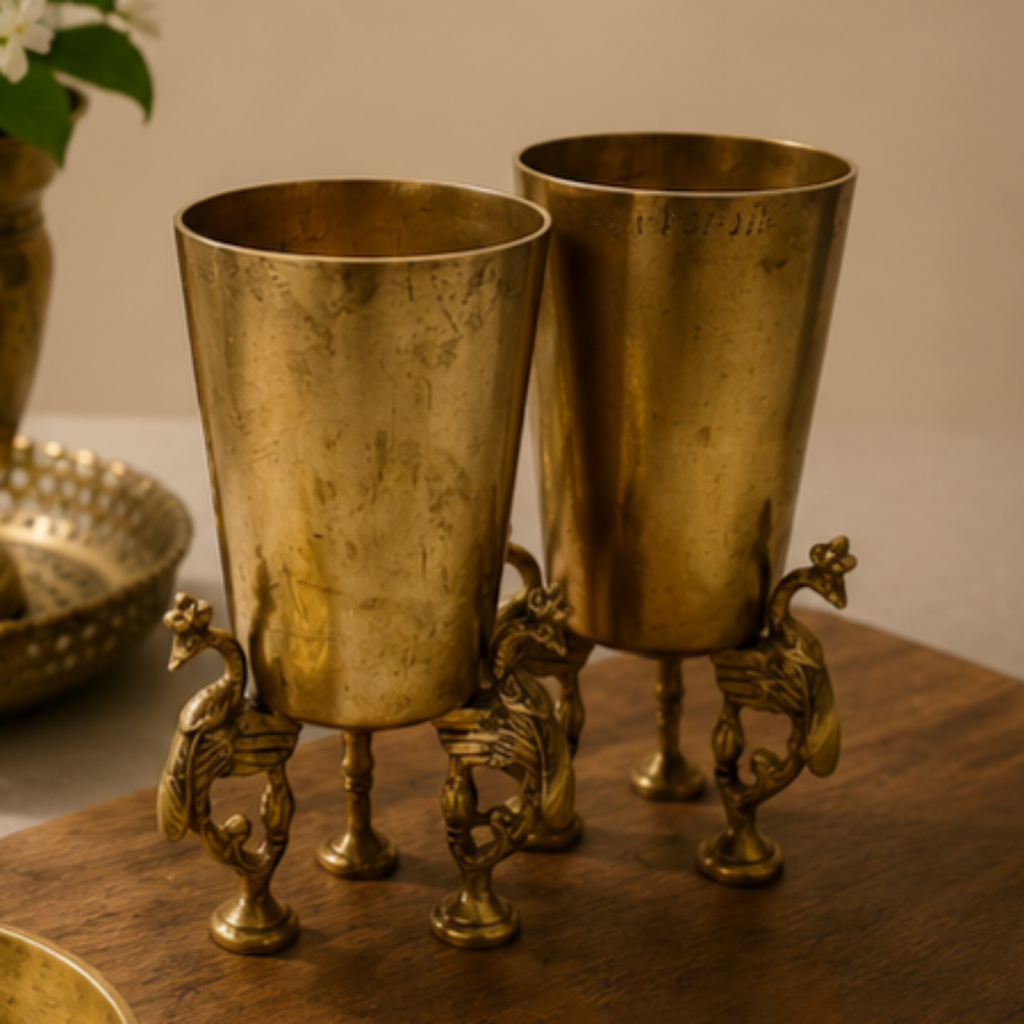 Vintage Pair of Brass Tumblers With Peacocks – A Regal Blend of Heritage & Craftsmanship