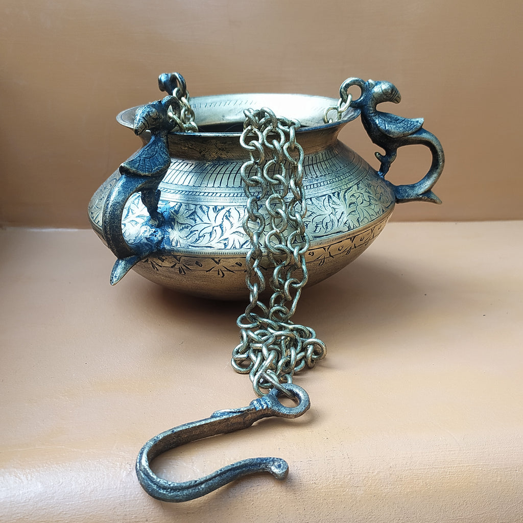 Vintage Hanging Brass Planter With 3 Peacock Handles. Length With Chain 88 cm x Diameter 17 cm