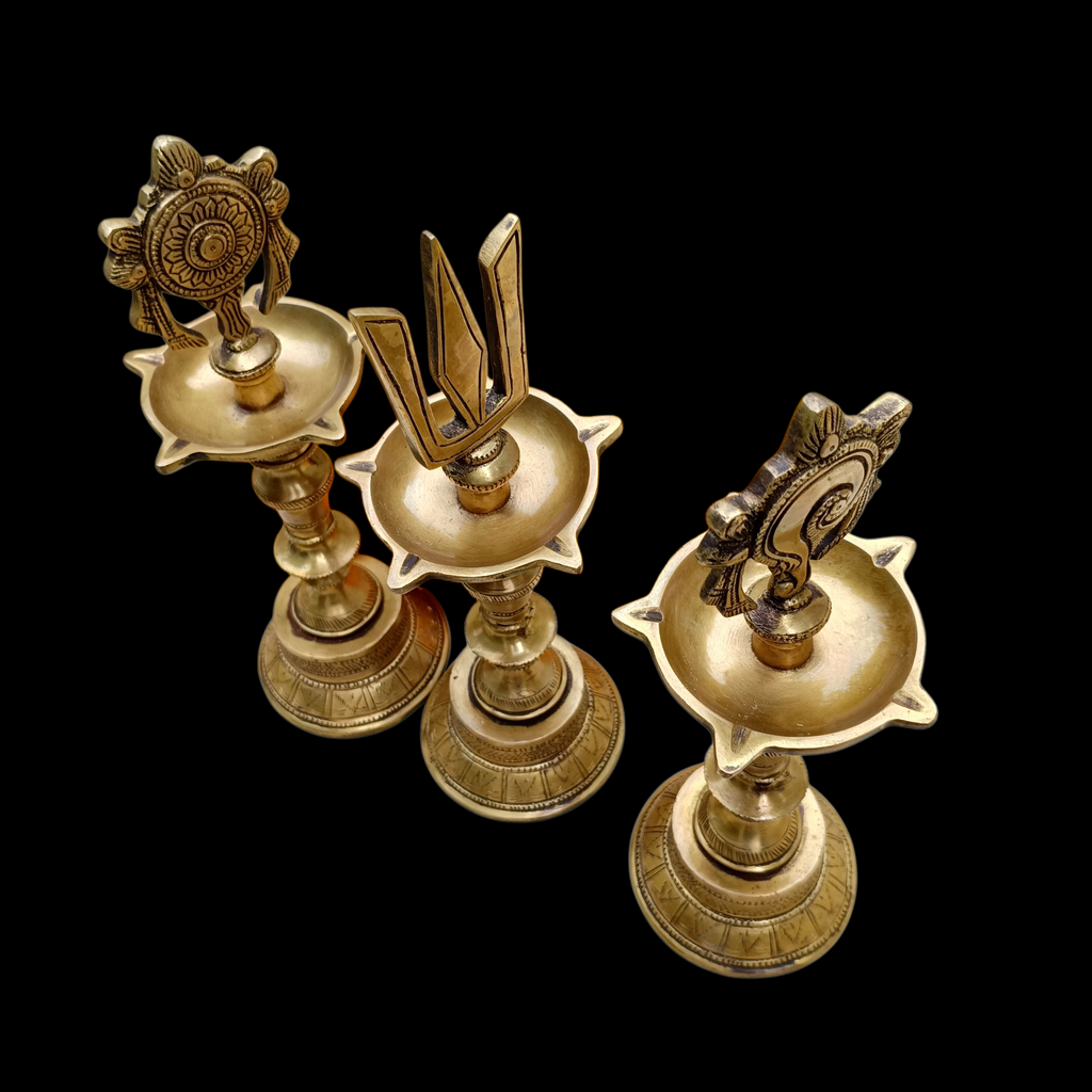 Divine Brass Samay Oil lamps With The Shanku, Chakra & Namam Symbols Of Lord Vishnu. Height 30 cm