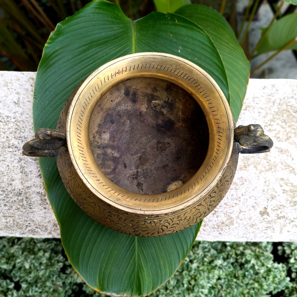 Vintage Brass Planter With Peacock Handles Hand Engraved With Floral Motifs. Height 19 cm x Diameter 18 cm