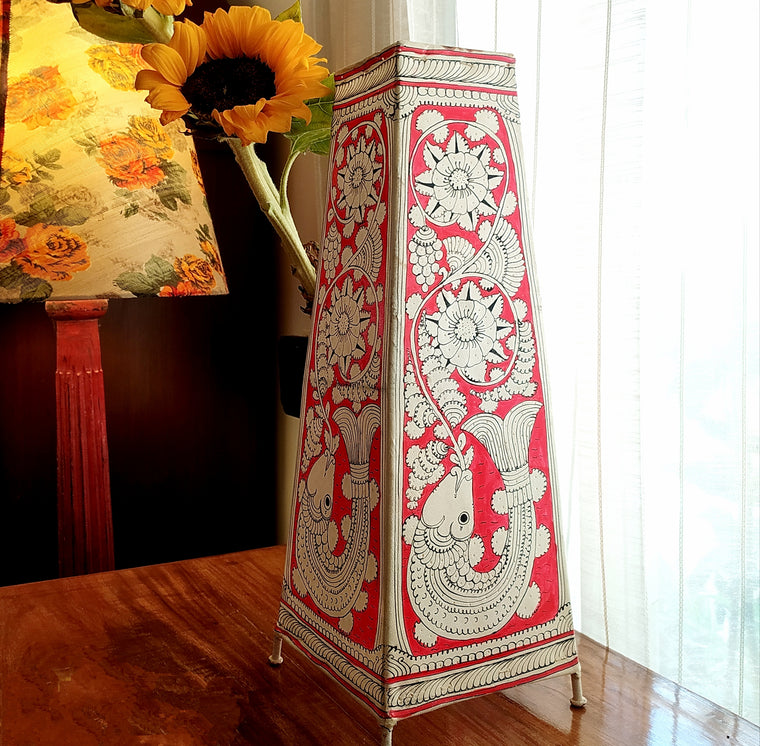 Kalamkari Craft Leather Lampshade With Mythological Fish Figures In Red & White Theme. Height 44 cm