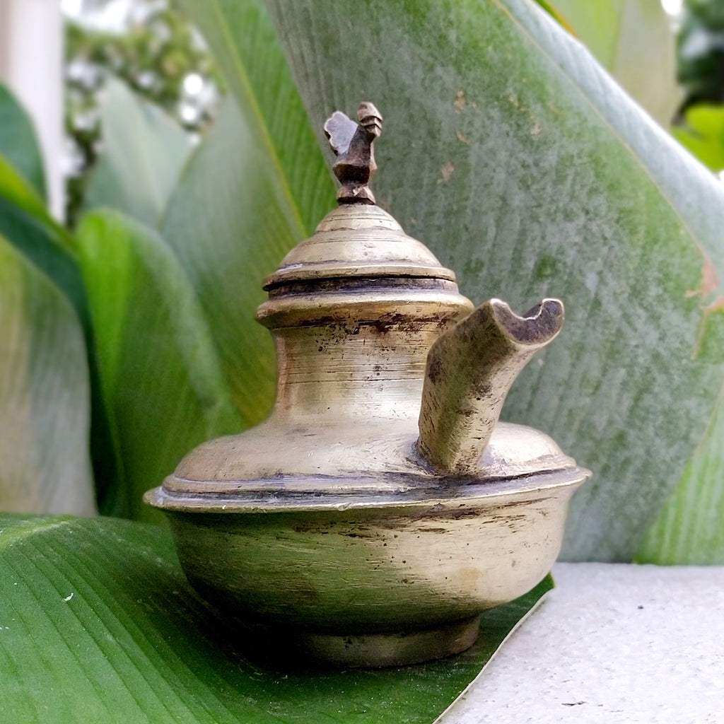 Vintage Brass Ghee Daan With Spout From South India, Ht 15 cm x Length 16 cm