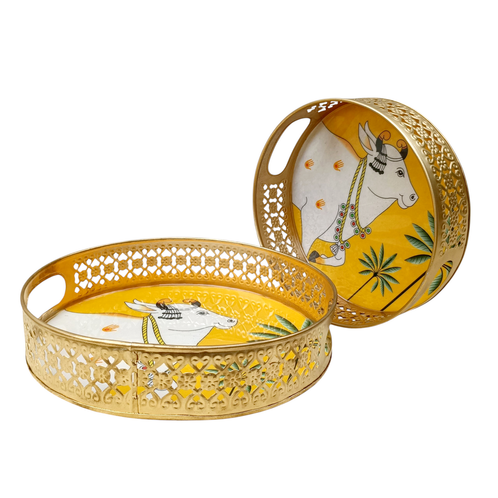 Pair Of Exquisite Round Metal Trays With Pichwai Art Of Nandi. Diameter 25 & 20 cm