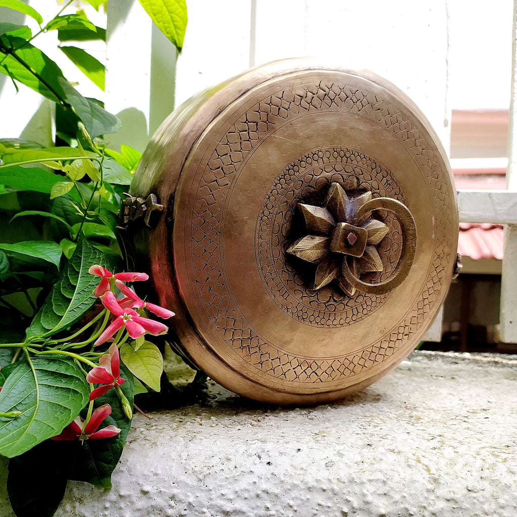 Traditional Brass Chappati Dabba | Bread Box From Northern India - Dia 22 cm x Ht 10 cms