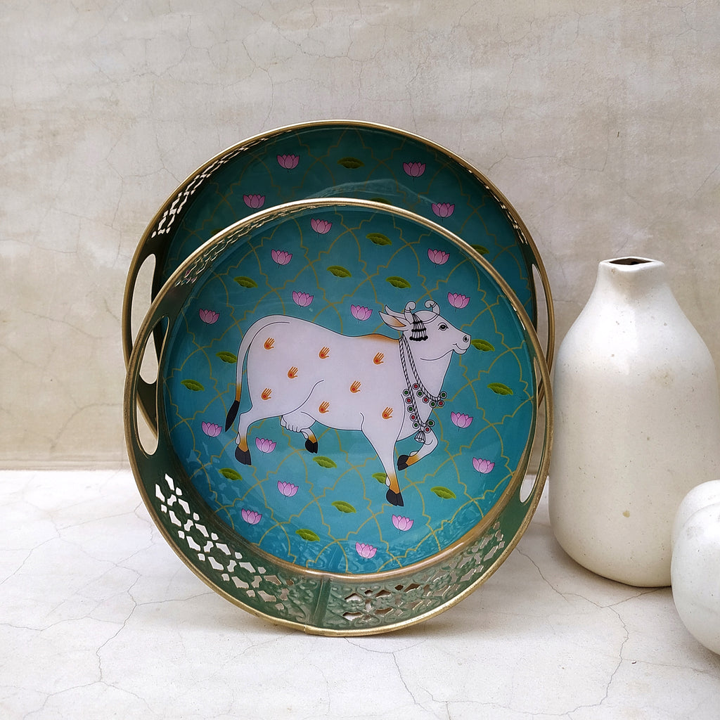 Pair Of Exquisite Round Metal Trays With Pichwai Art Of Nandi. Diameter 25 & 20 cm