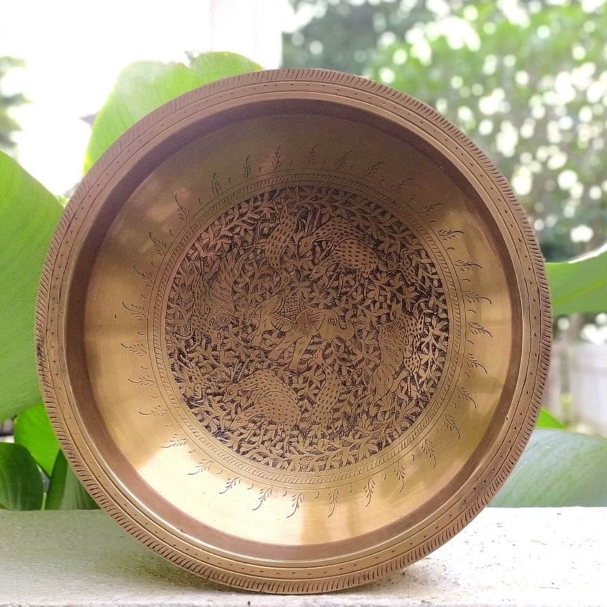 Captivating Brass Urli Hand Engraved With Flora & Fauna. Diameter 30 cm x Ht 11 cm