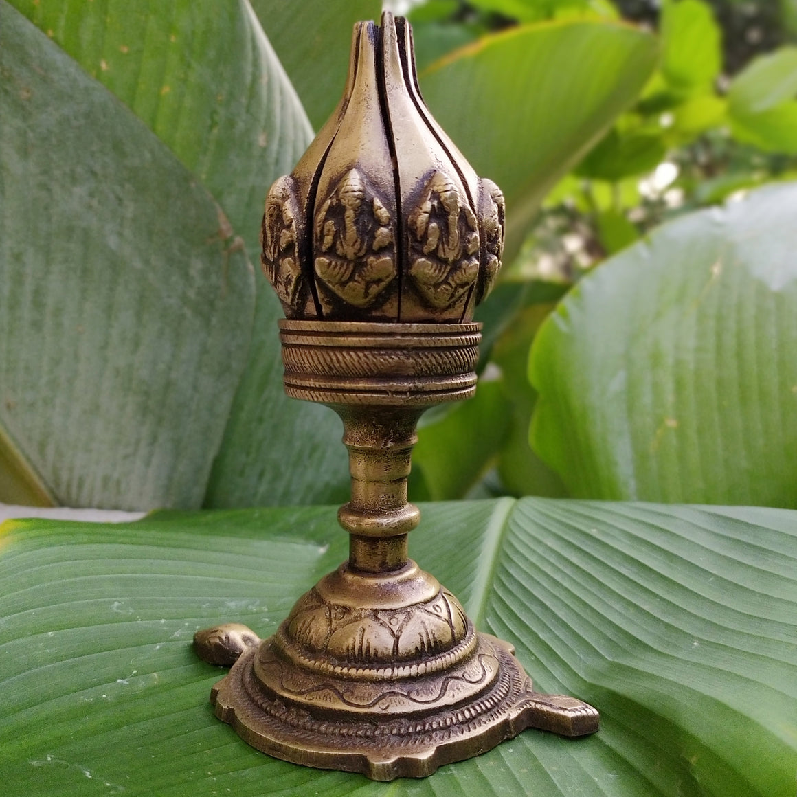 Vintage Ganesha Brass Lotus Lamp With 16 Petals On a Turtle Base. Height 16 cm