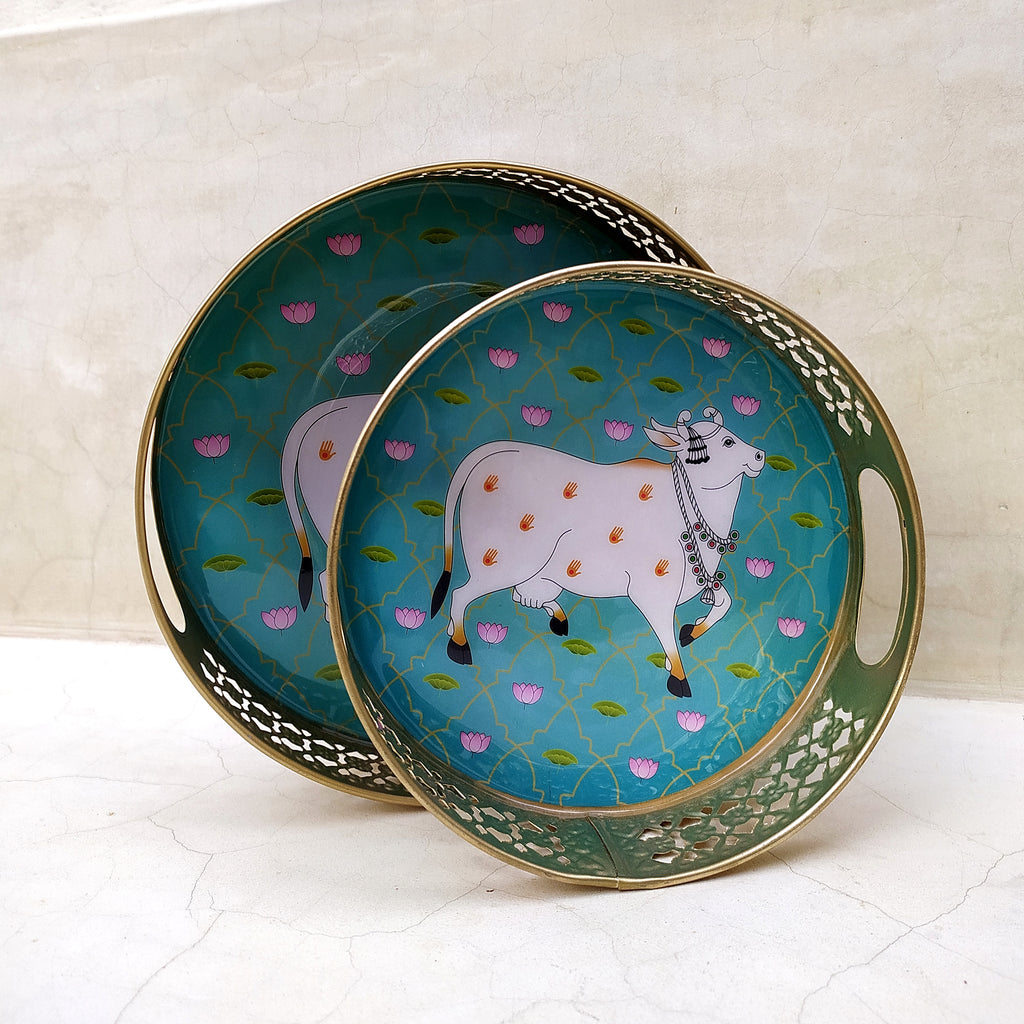 Pair Of Exquisite Round Metal Trays With Pichwai Art Of Nandi. Diameter 25 & 20 cm