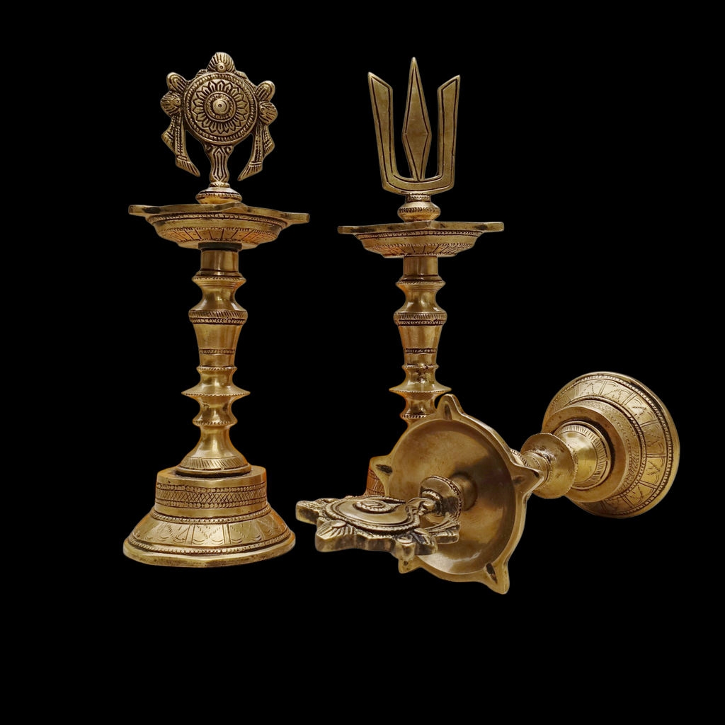 Divine Brass Samay Oil lamps With The Shanku, Chakra & Namam Symbols Of Lord Vishnu. Height 30 cm