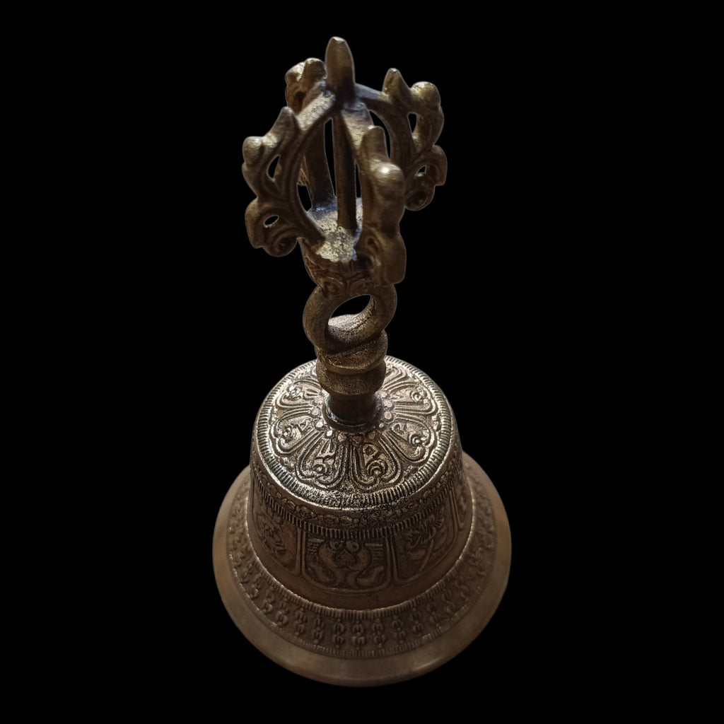 Vintage Buddhist Brass Bell For Meditation With Sound Of Om & Vajra Dorje - Ht 17 cm x Dia 9.5 cm