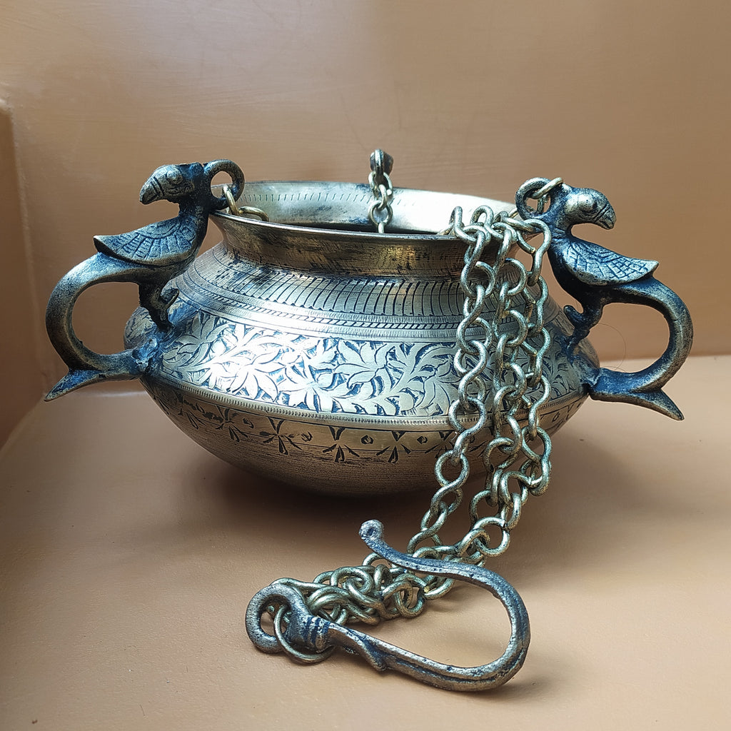 Vintage Hanging Brass Planter With 3 Peacock Handles. Length With Chain 88 cm x Diameter 17 cm